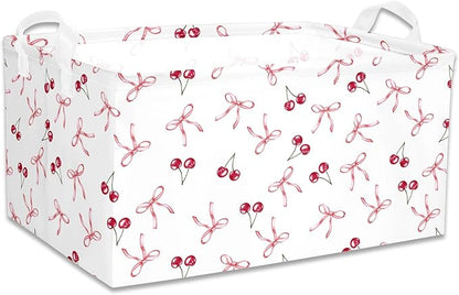 3 Pcs Pink Bow Storage Basket, Coquette Girls Rectangle Storage Bins Box with Handles, Bows and Chery Shelf Basket Ideal for Room Nursery Decor, Books, Organizing Clothes, Toys
