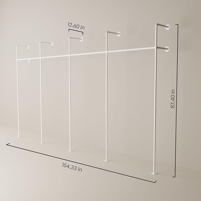 pamo White Clothing Rack Wall Mounted – Pipe Closet System in White Powder-Coated Steel – 154" W × 87" H, 970 lbs – Walk-In Closet & Bedroom