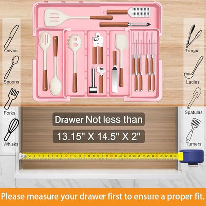 Homecor Utensil Drawer Organizer for Kitchen, Expandable Silverware Organizer Cooking Utensils Tray, Large Cutlery and Flatware Holder, Kitchen Tools & Gadgets Storage (Pink)