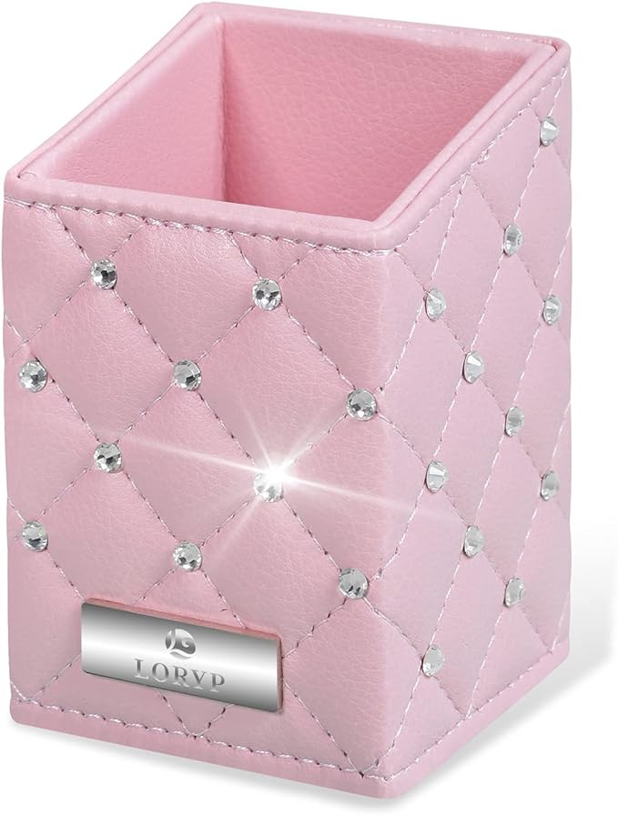 LORYP Makeup Brush Holder Crystal Brushes Cup Pink PU Make up Brush Case Bag Storage for Women