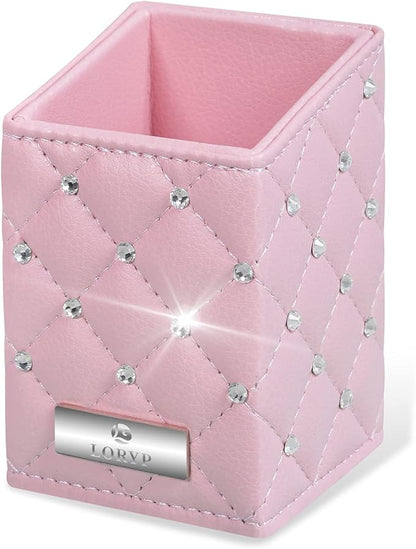 LORYP Makeup Brush Holder Crystal Brushes Cup Pink PU Make up Brush Case Bag Storage for Women
