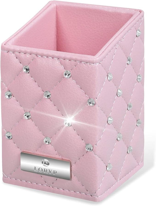 LORYP Makeup Brush Holder Crystal Brushes Cup Pink PU Make up Brush Case Bag Storage for Women