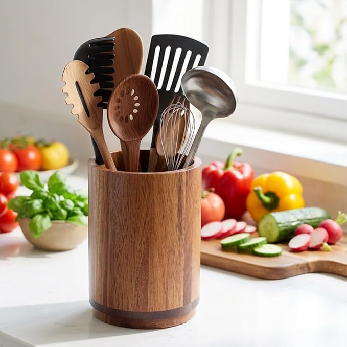Utensil Holder, Acacia Wood Kitchen Utensil Holder for Countertop, 360°Rotating Cooking Utensil Crock for Kitchen Counter, 7.2" Large Utensil Organizer for Spatula