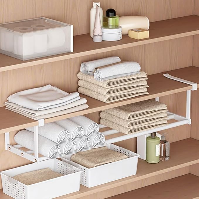 Expandable Shoe Rack Closet Hanging Organizer 16.14''-29.53'' Metal Adjustable Under Cabinet Storage Shelf Space Saving for Kitchen Pantry Room Dorm, White, 1 Pack