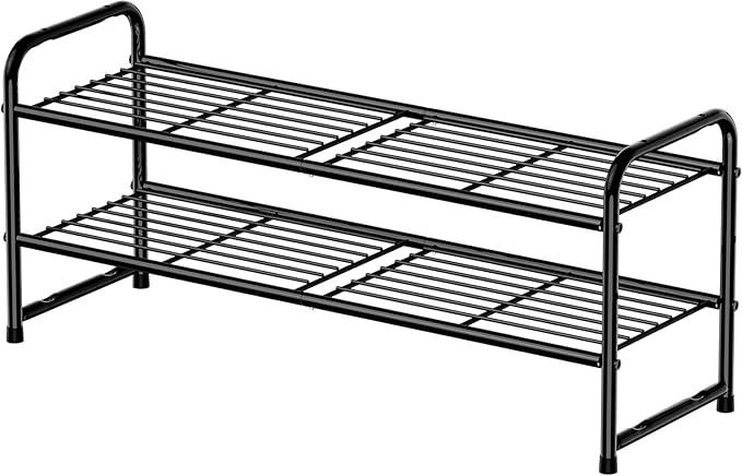 Standard Shoe Rack 2-Tier 32.5 Inches Wide, Free Standing Shoe Organizer for Indoor Outdoor | Adjustable Heavy-Duty Metal Shelf Ideal for Home Entryway Closet & Garage Balcony | Black