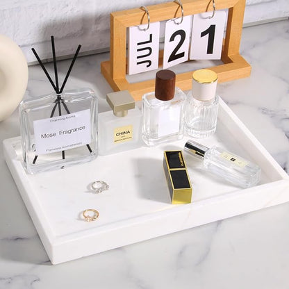 Marble Bathroom Vanity Tray, Natural Luxury Vanity Home Kitchen Bathroom Table Tray, Stone Decorative Countertop Dresser Trays for Key Coffee Perfume Jewelry Makeup (Jazz White, 12"x 8" x1.2")