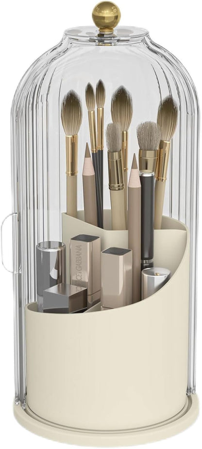 Makeup Brush Holder with Dustproof Cover 360 Rotating Makeup Brush Organizer for Vanity Bathroom, White/Beige