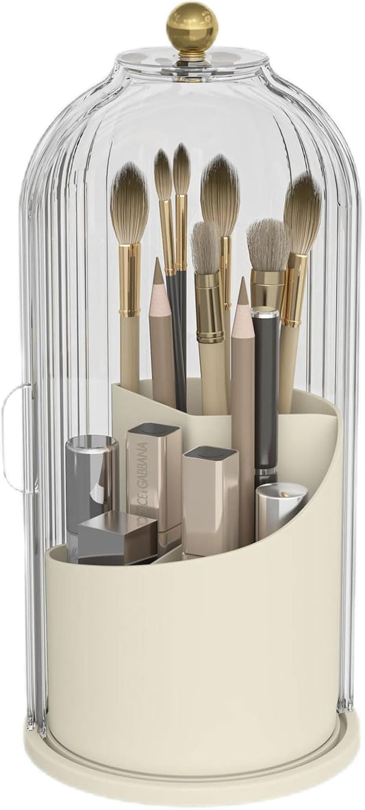 Makeup Brush Holder with Dustproof Cover 360 Rotating Makeup Brush Organizer for Vanity Bathroom, White/Beige