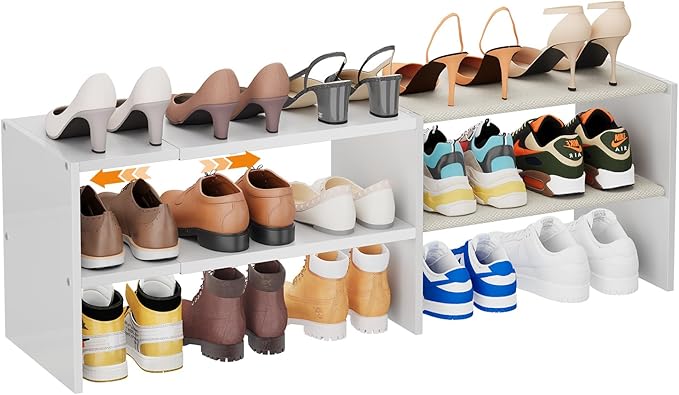 X-cosrack Long White 11.02″Shoe Rack for Closets, Stackable and Expandable Shoe Organizer, Suitable for Entryways, Garages, Storage Shelves Made of MDF, Oxford Cloth and Iron