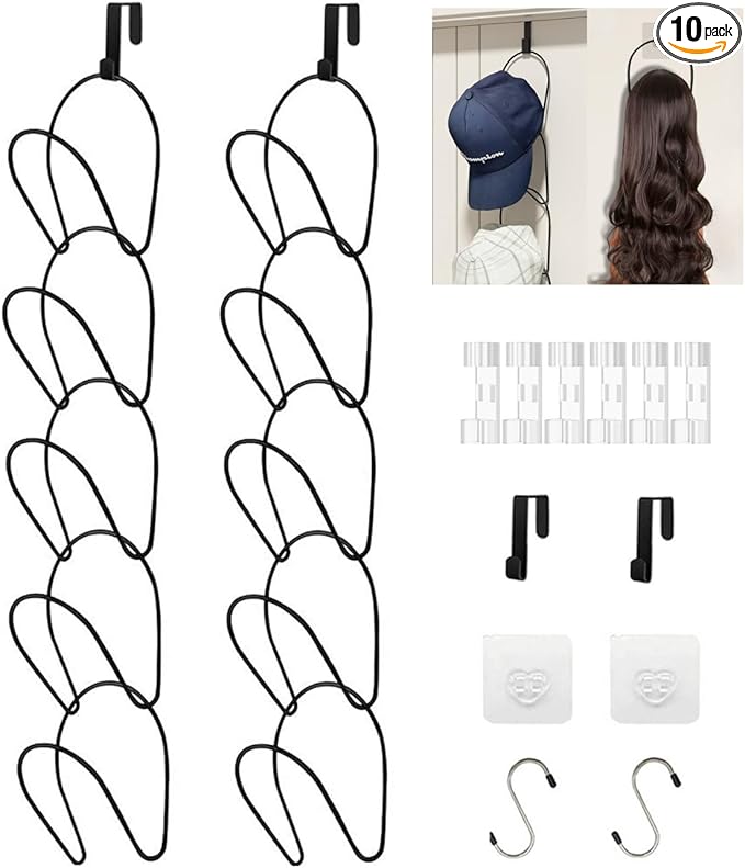 LINFIDITE 10 Pack Hat Rack Hanger Holder Organizer Closet Hanging Baseball Cap Display Storage Rack for Scarves Handbags Towels Clothes Ties Over Door Wall Mounted w Hanging Hook Black