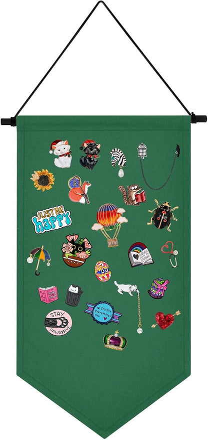 Wall Hanging Brooch Jewelry Storage Case Canvas Display Stand Enamel Pin Display Banner Holder Earrings Necklace Glitter Pin Collection Organizer (Green)