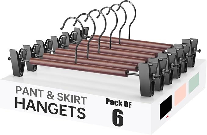 Wooden Pants Hangers with Clips 6 Pack, Heavy Duty Adjustable Clip Non Slip Skirt Hanger for Jeans, Trousers, Short, Clothes, Space Saving Closet Organizer (Black, 6 Pack)
