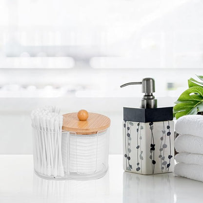 Adorila Compact Cotton Pad & Swab Holder with Bamboo Lid, Dust-Free Space-Saving Bathroom Vanity Organizer for Floss (Clear)