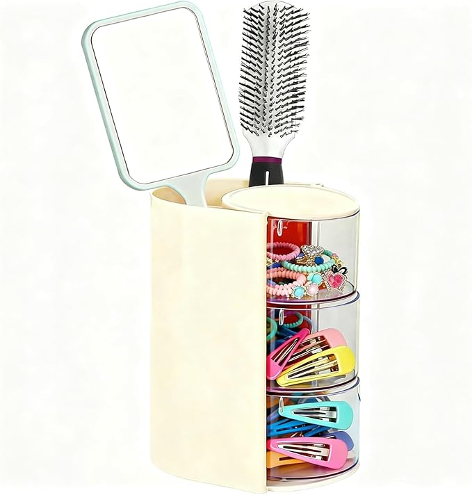 Rotating Hair Accessories Organizer & Makeup Brush Holder - 3-Tier Jewelry Storage Box for Earrings, Necklaces, Bracelets, Rings, Hair Clips (Beige)