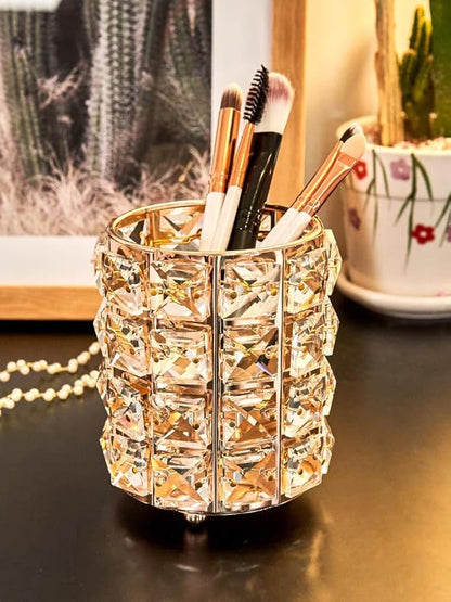 Golden Crystal Makeup Brushes Holder Organizer for Cosmetics Comb Brushes, Eyebrow Pen Pencil Storage Case Container, Golden