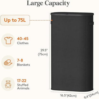 Lifewit Slim Laundry Basket with Lid, Narrow Large Laundry Hamper with Plastic Handles and Removable Bag, Tall Foldable Dirty Clothes Hampers for Laundry Room, Bedroom, Bathroom, Dorm, 75L Black