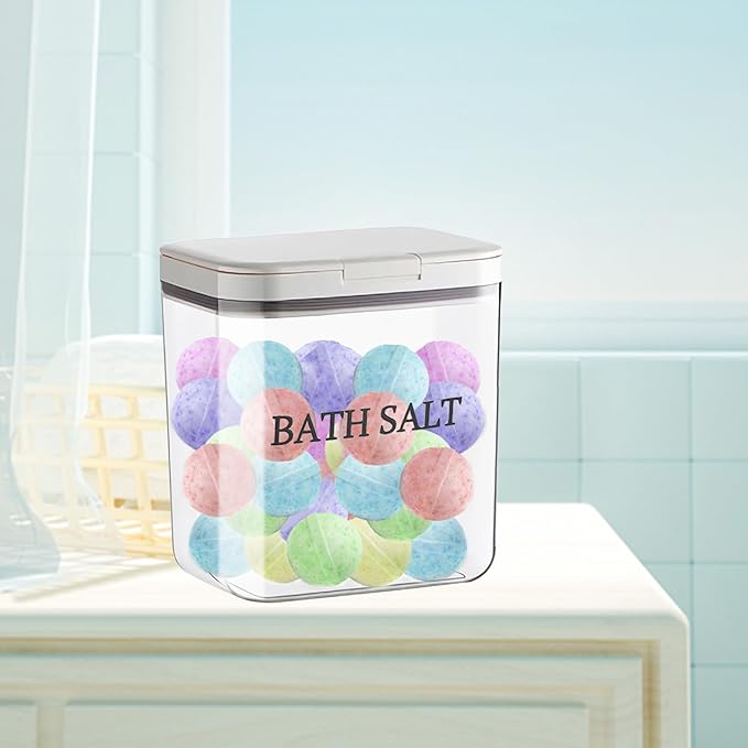Bath Salt Jar Airtight Lid, Bath Container With Scoop, Bathroom Storage Canister One-Click Pop-Up Design, Clear Jar Bath Tub Accessories For Women Bombs 2L - BPA Plastic