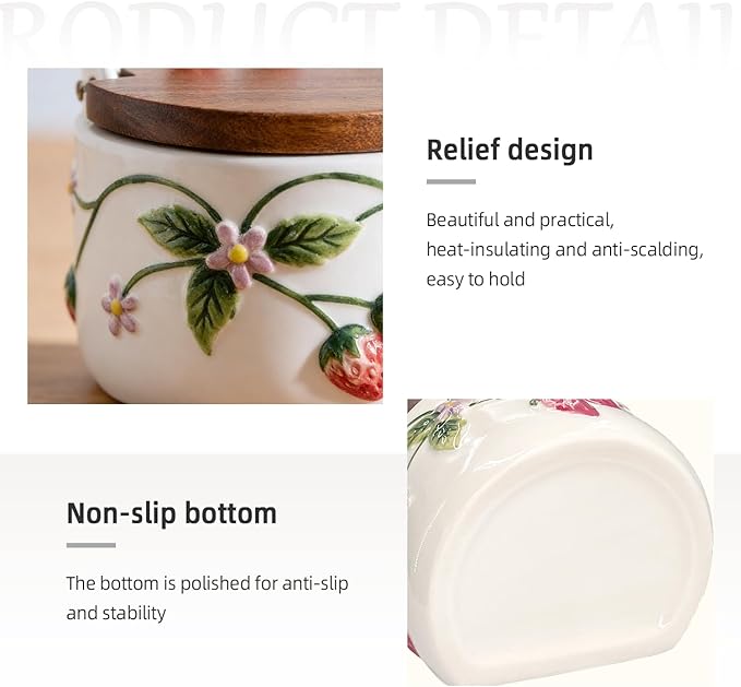 Salt Cellar, 13.5 oz Ceramic Salt Cellar with Lid and Spoon - Strawberry 3D Relief Design Seasoning Jar with Acacia Wood Lid, Suitable for Salt, Sugar, Pepper - Kitchen Countertop Storage Container