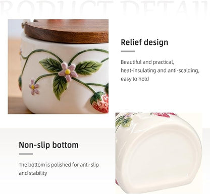 Salt Cellar, 13.5 oz Ceramic Salt Cellar with Lid and Spoon - Strawberry 3D Relief Design Seasoning Jar with Acacia Wood Lid, Suitable for Salt, Sugar, Pepper - Kitchen Countertop Storage Container