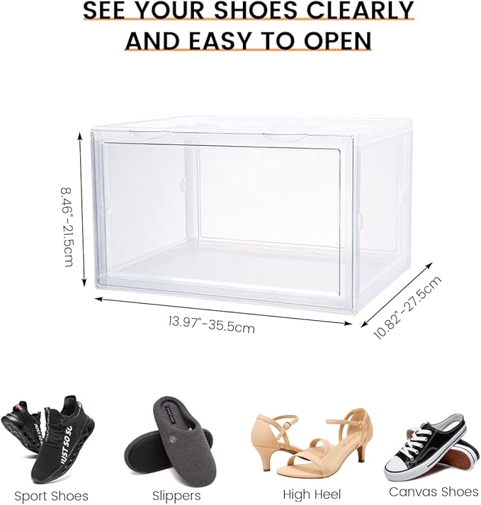 Shoe Boxes Clear Plastic Stackable, Harder Shoe Storage Boxes with Lids, Powerful Load-Bearing, Space Saving and Easy Assembly for Kids Men Women (Transparent)