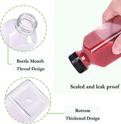 Leaflai Plastic Juice Bottles with Caps 12 pcs - 4oz Reusable Juice Containers with Tamper Proof Lids Black - Clear Bottles for Juicing Milk Smoothie Drinking and Other Beverages Christmas Gifts