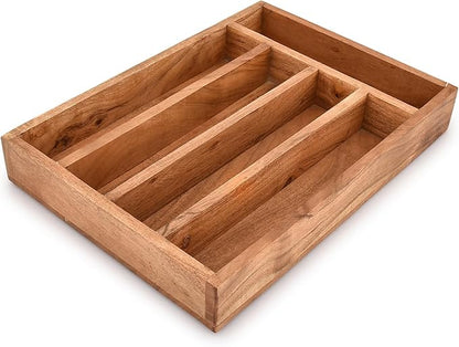 Flatware Organizers Acacia Wood Silverware Organizer, Utensil Drawer Organizer for Cutlery 5 Slots for Flatware Cutlery Knives (14" X 10" X 2")