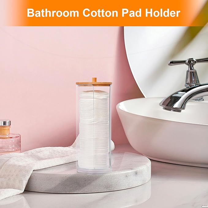 2 Pcs Cotton Round Holder, Cotton Pad Holder with Bamboo Lids, Makeup Storage Cotton Pad Dispenser Bathroom Canisters Bamboo Bathroom Storage Jars Storage Containers Clear Plastic