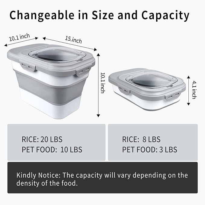 Komzon Rice Storage Container, Collapsible Airtight Food Storage Containers 6-20 Lbs, Rice Dispenser with Measuring Cup and Small Bin for Flour Cereal Pasta Grain, Cat Pet Dog Bird Food Container