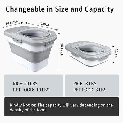 Komzon Rice Storage Container, Collapsible Airtight Food Storage Containers 6-20 Lbs, Rice Dispenser with Measuring Cup and Small Bin for Flour Cereal Pasta Grain, Cat Pet Dog Bird Food Container