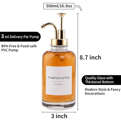 Coffee Bar Accessories - Glass Coffee Syrup Dispenser with 84 Syrup Labels (Set of 2), Fancy Pump Dispenser, 16.9 oz, Gold