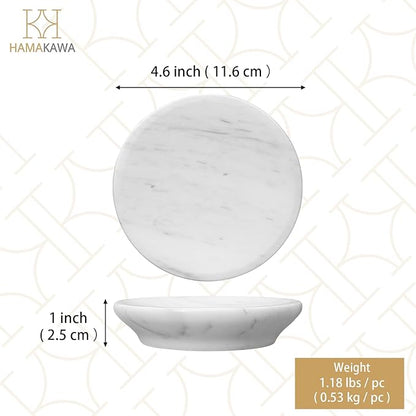 Natural Marble Soap Dish, Round White Jewelry Dish 4.5 Inch, Limestone Shower Soap Holder, Modern Stone Sponge Holder with Beveled Edge, Bar Soap Saver Tray for Bathroom, Kitchen