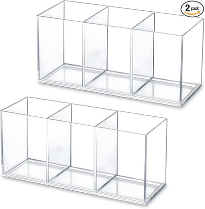 2 Pack Clear Makeup Brush Holder, 3 Compartment Plastic Pen Organizer, Acrylic Silverware Caddy for Storage Desk Vanity Pencil Utensil Marker Cutlery (Clear)