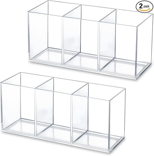 2 Pack Clear Makeup Brush Holder, 3 Compartment Plastic Pen Organizer, Acrylic Silverware Caddy for Storage Desk Vanity Pencil Utensil Marker Cutlery (Clear)