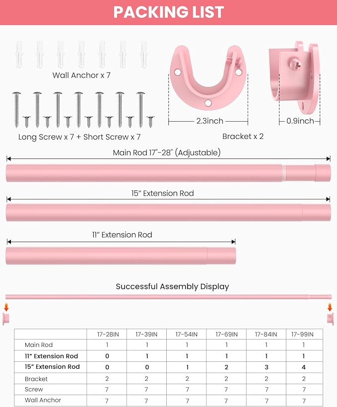 Supforce Closet Rods for Hanging Clothes, 17 to 84 Inches Stepless Adjustable Metal Closet Rod, 1.3 Inches Heavy Duty Clothes Hanging Rod for Closet Wardrobes Laundry RV, Pink