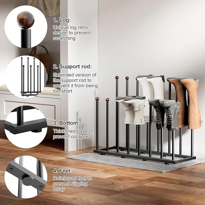 Boot Rack for Tall Boots, Free Standing Shoe Rack with 16 Posts, Holds 8 Pairs of Boots, Upside Down Storage Design Prevents Wrinkles & Creases, Metal Organizer for Closet, Entryway, Garage, Black