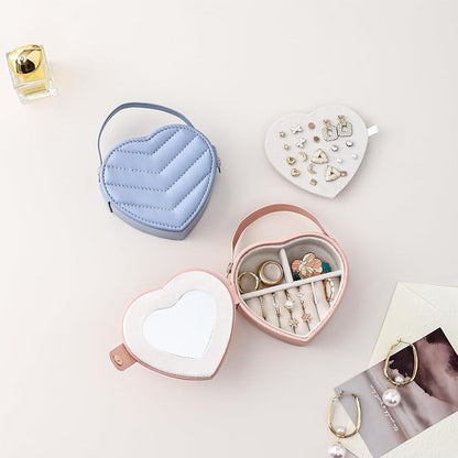 CASEGRACE Small Travel Jewelry Case, Elegant Heart Shaped Design with Detachable Handle,Portable Jewelry Organizer Box for Necklace Rings Earrings,Jewelry Storage for Women Girls (Blue)