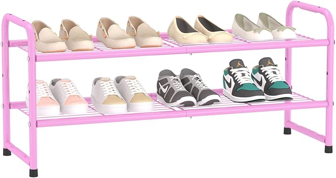 SUFAUY 2 Tier 33" Wide Shoe Rack, Closet Metal Wire, Stackable, Pink