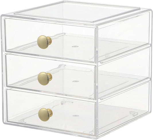 AJIODA Makeup Drawer Organizer Box with 3 Drawers, Acrylic Cosmetic Display Case Vanity Organizer Jewelry Storage Box Stackable Storage for Cosmetics, Skin Care, Bathroom, Countertop, Gold Handle