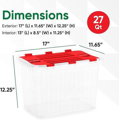 Superio Red Storage Box with Red Hinged Lids, Plastic Container Bins for Organizing with Attached Lid, Stackable Crates, BPA Free, Organizers for Home and Office, 27.5 Quart (17"x11.65"x12.25)