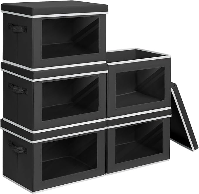 Homsorout Stackable Storage Bins with Lids - Medium Storage Box with Lids, Foldable Closet Boxes for Organizing, Wardrobe Clothes Organizer with Window, Cubes Bins for Living Room, 5 Pack, Black