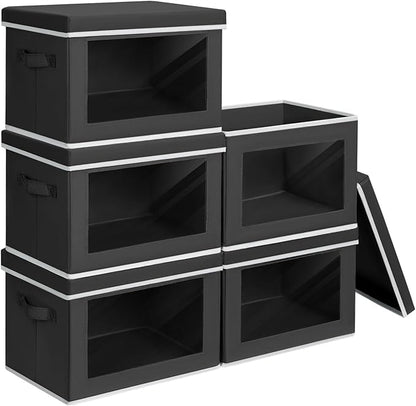 Homsorout Stackable Storage Bins with Lids - Medium Storage Box with Lids, Foldable Closet Boxes for Organizing, Wardrobe Clothes Organizer with Window, Cubes Bins for Living Room, 5 Pack, Black