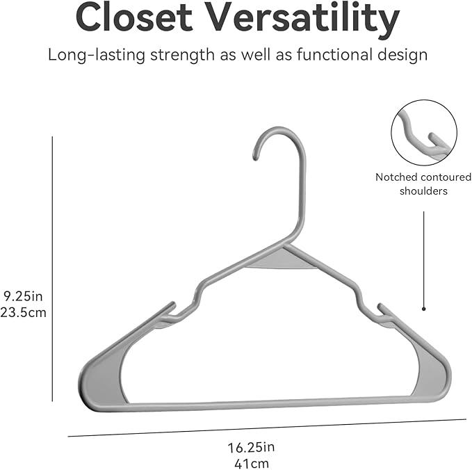 Plastic Hangers - 20 Pack, Durable Space Saving Hangers for Everyday Use and Dorm Room Essentials - Grey