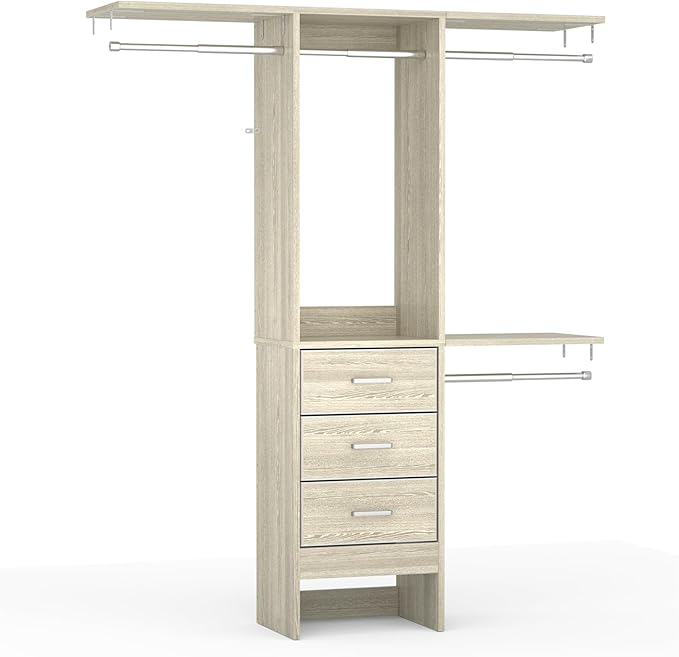 Besiost 4FT Small Closet System with 3 Fabric Drawers, 48'' Closet Organizer System With 3 Adjustable Shelves, Flexible Built-In Clothes Garment Rack for Small Space, 48" L x 13" W x 71" H, Light Oak
