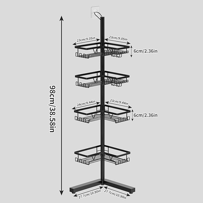DAOYA Standing Shower Caddy Corner - 4-Tier Floor Shower Caddy Corner Adjustable Bathroom Organizers and Storage with Soap Holder & Razor, Bathroom Free-Standing Organizer for Large Bottles