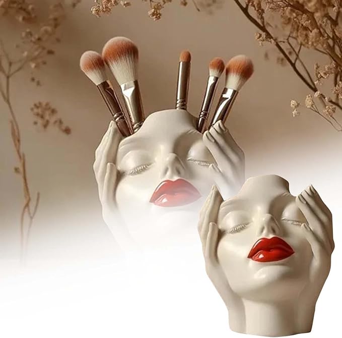 Women's Head Shape Boho Feminist Decoration, Minimalist Statue Storage Decor Face Makeup Brush Holder, Modern Statue Storage Makeup for Table Shelf Living Room Office (Beige 6.30 * 4.72 * 3.15in)