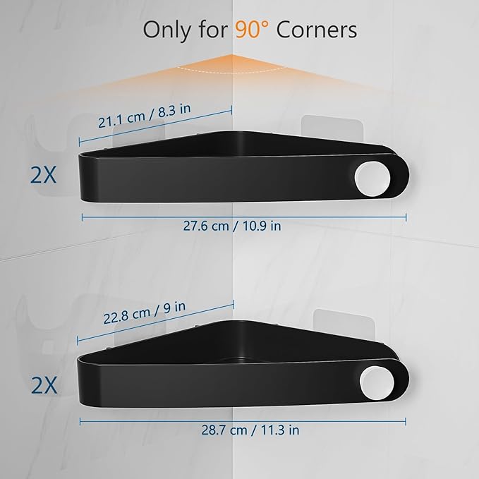 Sotfamily Plastic Shower Caddy Corner (for 90° Only), 4 Pack Adhesive Corner Shower Shelves for Smooth Wall Bathroom Organizers and Storage, Black
