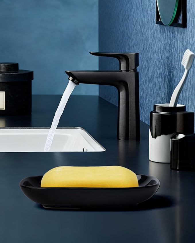 Ceramic Soap Dish for Bathroom and Kitchen, Non-Slip Bar Soap Holder with Fast Drain Design, Soap Saver Tray for Sink, Black