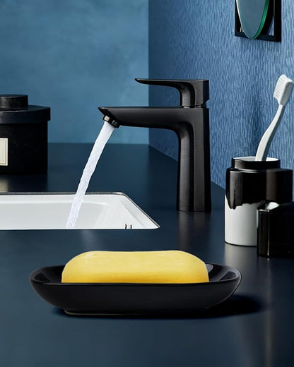 Ceramic Soap Dish for Bathroom and Kitchen, Non-Slip Bar Soap Holder with Fast Drain Design, Soap Saver Tray for Sink, Black