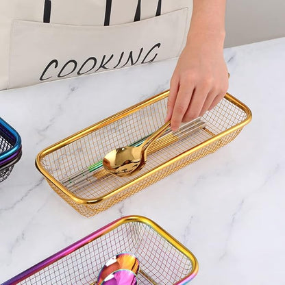 Kitchen Drawer Organizer, Stainless Steel Silverware Organizers,Storage Basket For Flatware Kitchen Utensil,Set Of 2 (12.5 x 5 x 2.5 Inches) Gold