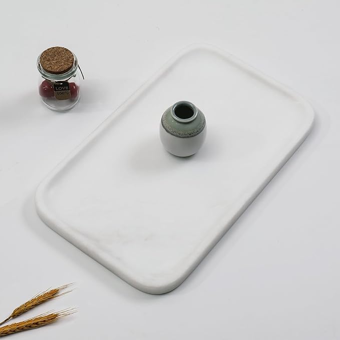 Yew & Tulip 14" x 8.5" Natural Marble Tray for Kitchen, Bathroom, Living Room – Serving/Decorative Vanity Tray for Jewelry, Candles, Decor (Matte White)